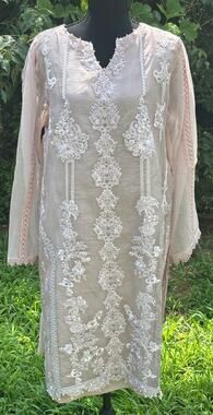 Threads & Motifs Blush Pink Embroidered  Tunic  Sheer Pearl Detail Boho Luxe